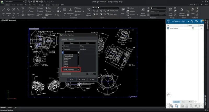 DraftSight Premium con el plano técnico de una carcasa de bomba abierto, con cotas y propiedades del dibujo